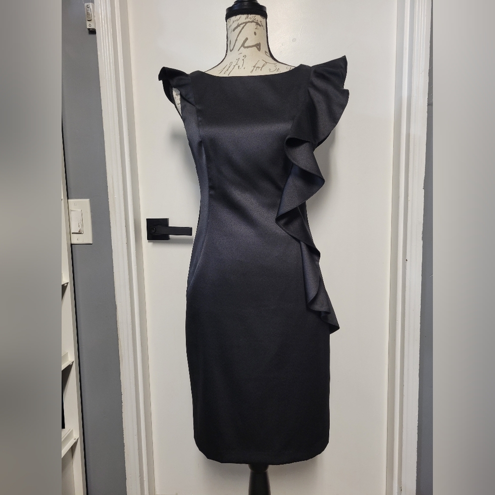 London Times Little Black Dress Elegant Black Ruffled Shift Pencil Dress 6